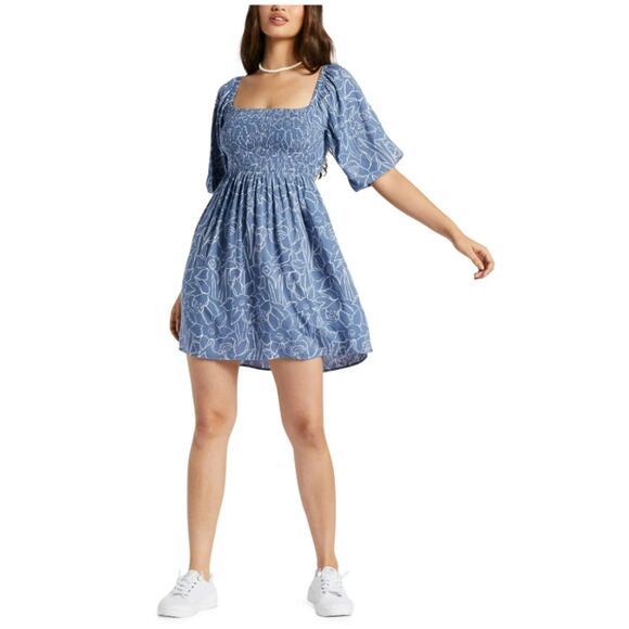 Women's Roxy Satin Sands Cutout Tie-Back Linear Floral Mini Dress in Bijou Blue - Picture 1 of 5